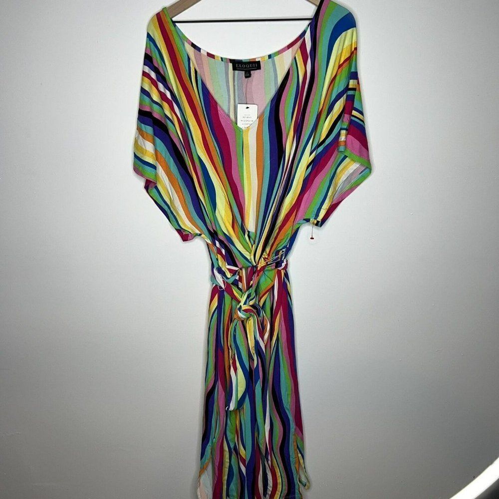 Eloquii Wrap Around Midi Dress 24 Liquid Rainbow V-Neck Tie Waist NWT